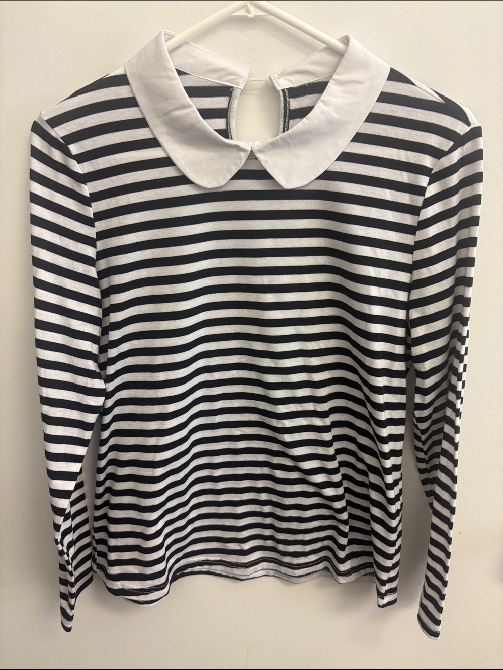 Black & White Striped Long-Sleeve Top with White Peter Pan Collar